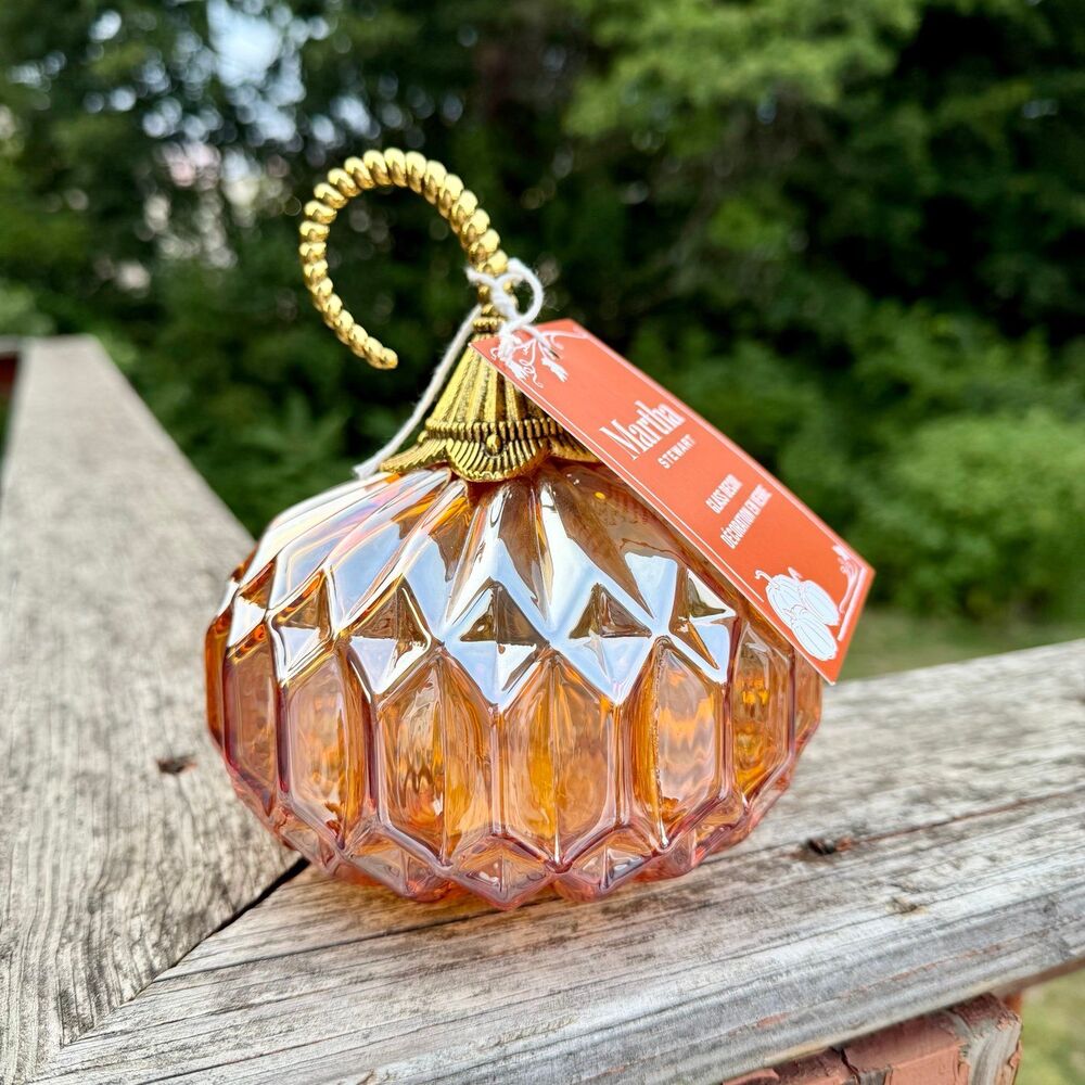 NEW Martha Stewart Faceted Orange Pumpkin 6” Tall w/ Metal Stem